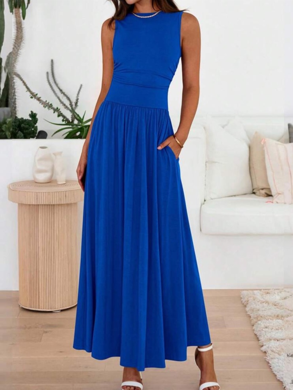 Elegant Blue Tank Maxi Dress with Pockets